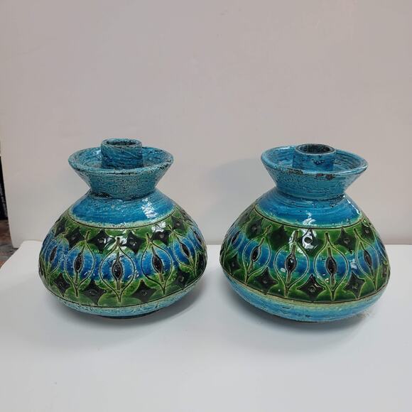 Bitossi Italy Console Bowl w/ Matching Candlestick Art Pottery Rimini blue Green - Picture 11 of 14
